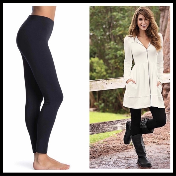 2 BLACK FLEECE LINED LEGGINGS COZY KNIT FOOTLESS TIGHTS A2C - Picture 1 of 2